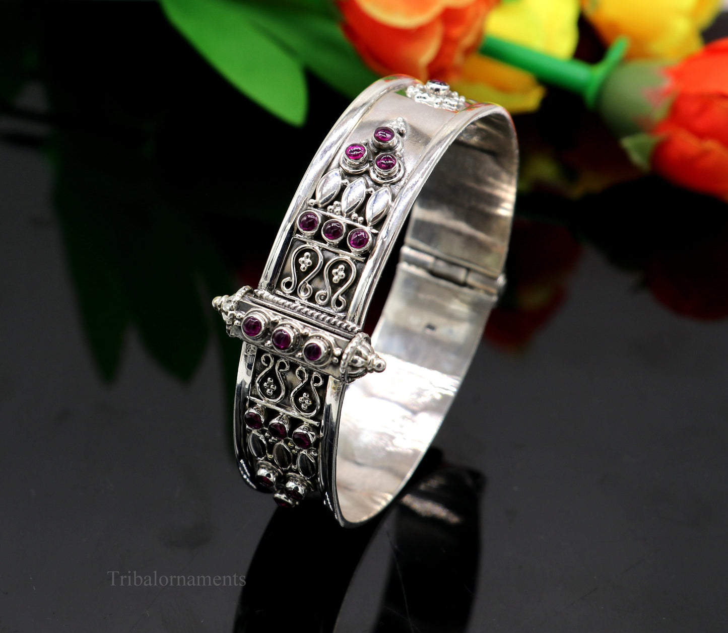 925 sterling silver handmade vintage design purple stone bangle cuff bracelet stunning stylish tribal brides jewelry gifting nssk480 - TRIBAL ORNAMENTS