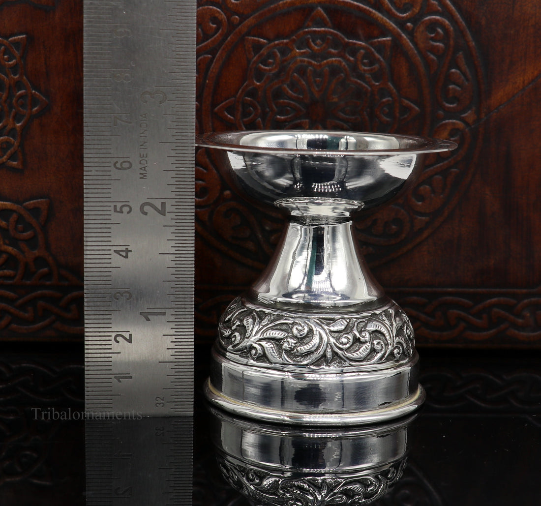 925 sterling silver gorgeous nakshi work floral design oil lamp, silver Deepak, silver temple article, puja utensils art su476 - TRIBAL ORNAMENTS