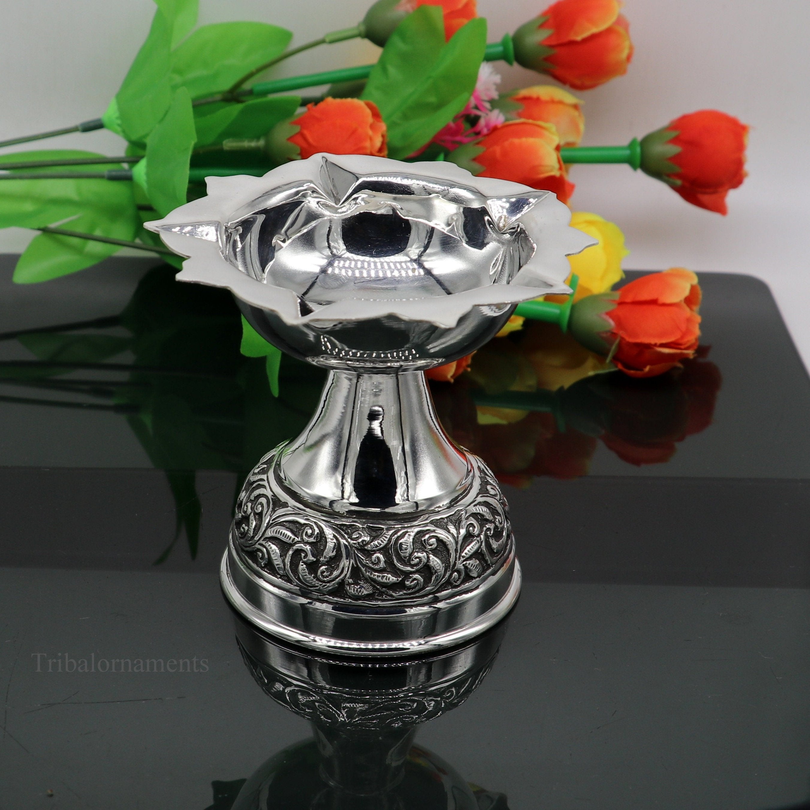 925 sterling silver customized chitai work selling kandrai work design oil lamp, silver deepak, silver temple article, puja utensils,art su87