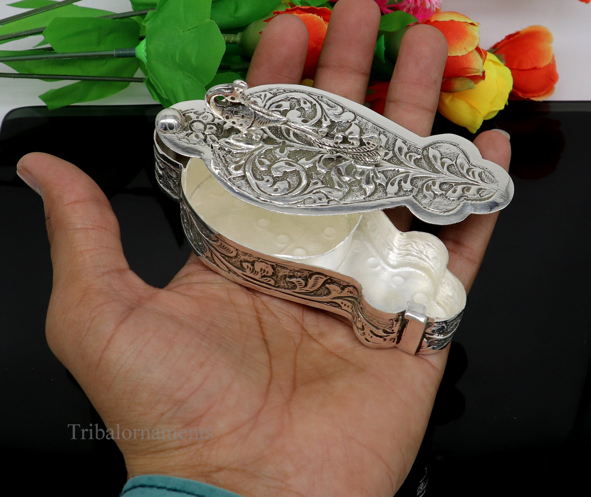 925 sterling silver handmade unique peacock design luxury trinket box, brides gift, casket box, silver article, silver utensils stb231 - TRIBAL ORNAMENTS