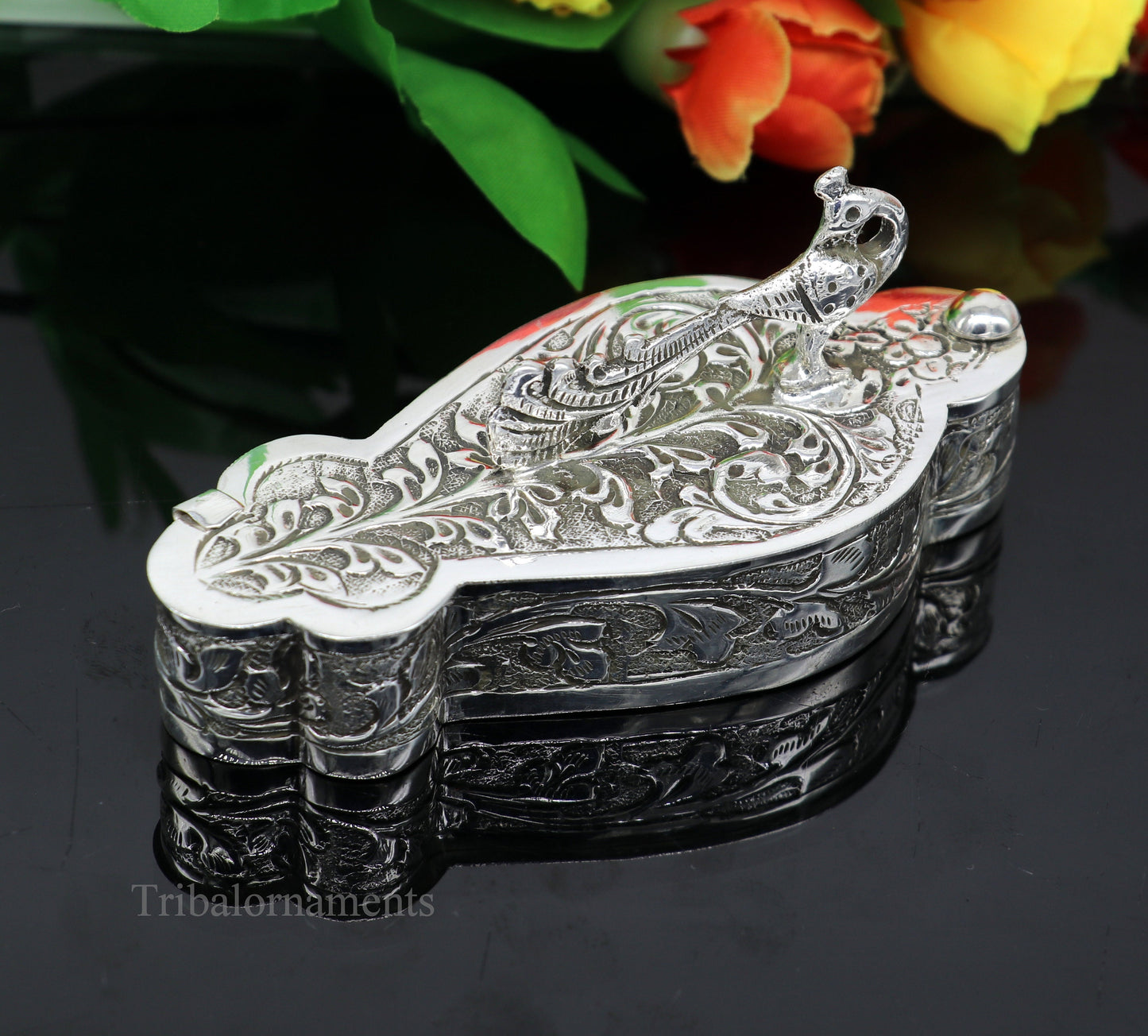 925 sterling silver handmade unique peacock design luxury trinket box, brides gift, casket box, silver article, silver utensils stb231 - TRIBAL ORNAMENTS