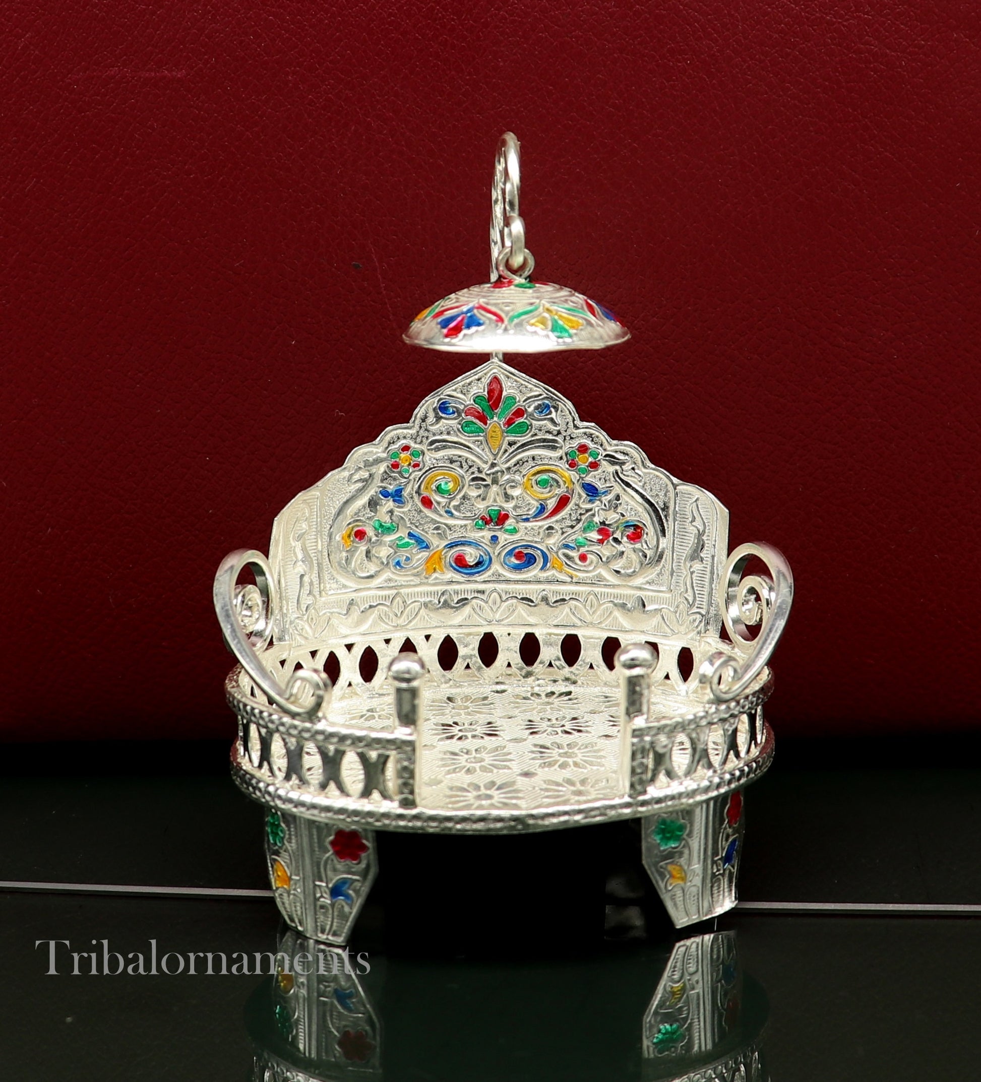 Silver throne 925 sterling silver handcrafted small sinhasan, idol god throne, god statue's stand chair, temple puja god article su526 - TRIBAL ORNAMENTS
