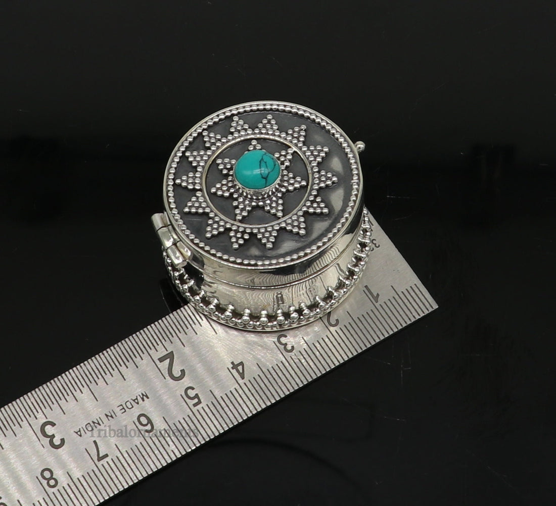925 sterling silver Stunning Rava work design turquoise stone trinket box, Sindoor box, brides gift collection silver stunning box stb222 - TRIBAL ORNAMENTS