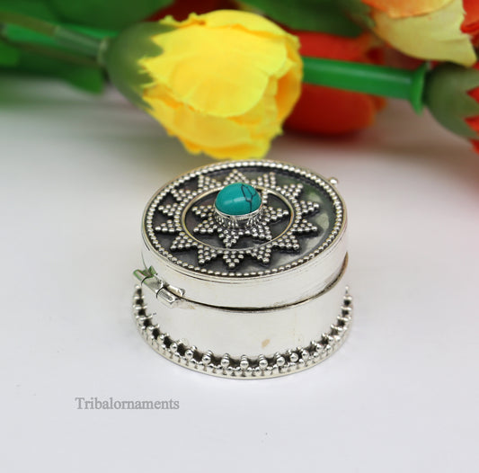 925 sterling silver Stunning Rava work design turquoise stone trinket box, Sindoor box, brides gift collection silver stunning box stb222 - TRIBAL ORNAMENTS