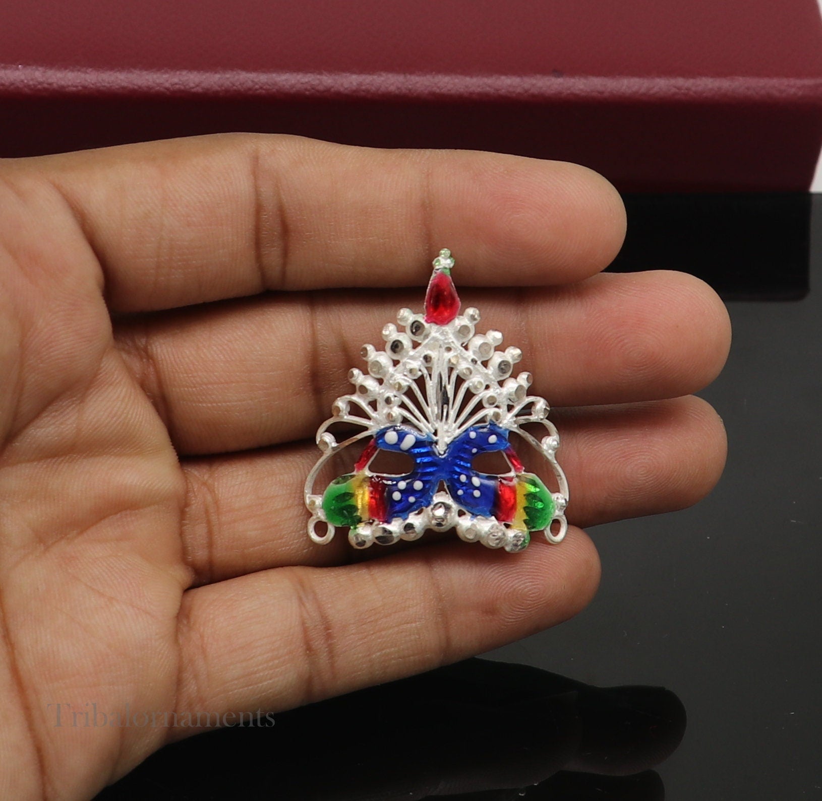 Baby krishna crown or mukut fabulous enamel peacock design solid silver handmade idol krishna mukut gifting crawling krishna jewelry su527 - TRIBAL ORNAMENTS