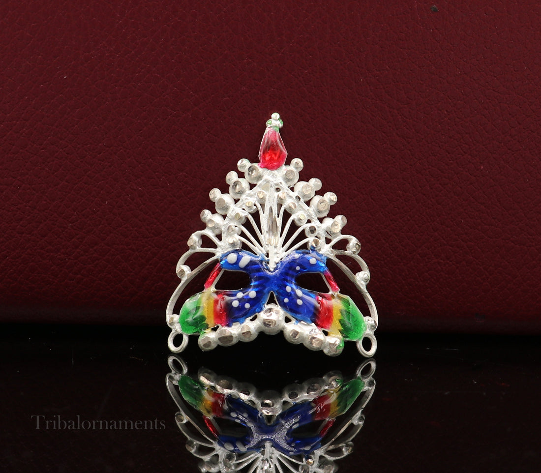 Baby krishna crown or mukut fabulous enamel peacock design solid silver handmade idol krishna mukut gifting crawling krishna jewelry su527 - TRIBAL ORNAMENTS