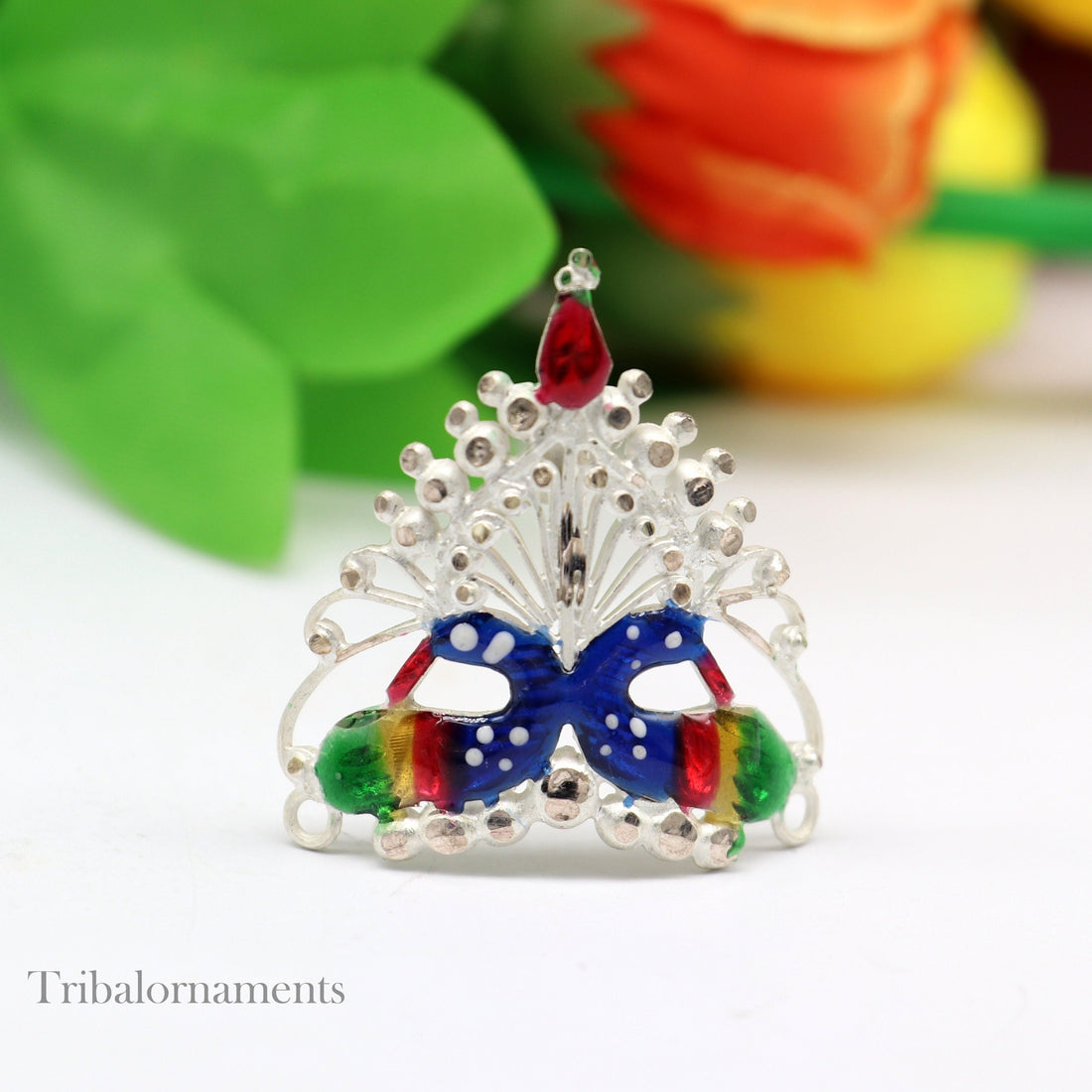 Baby krishna crown or mukut fabulous enamel peacock design solid silver handmade idol krishna mukut gifting crawling krishna jewelry su527 - TRIBAL ORNAMENTS