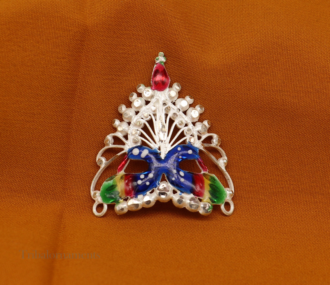 Baby krishna crown or mukut fabulous enamel peacock design solid silver handmade idol krishna mukut gifting crawling krishna jewelry su527 - TRIBAL ORNAMENTS