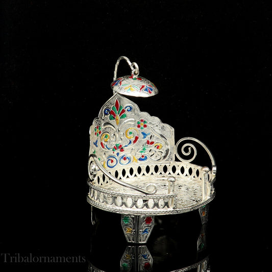 Silver throne 925 sterling silver handcrafted small sinhasan, idol god throne, god statue's stand chair, temple puja god article su529 - TRIBAL ORNAMENTS