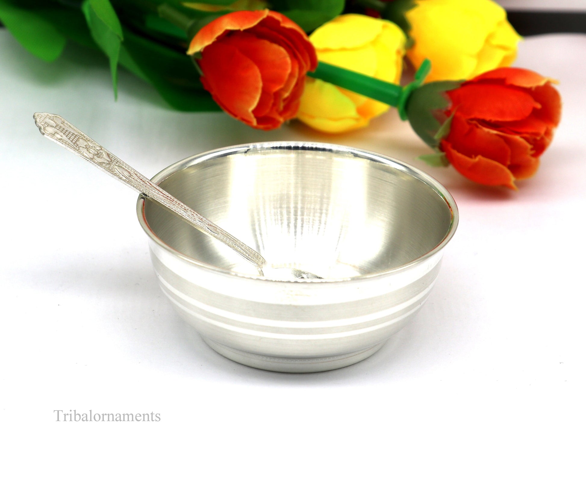 999 pure fine silver handmade utensils, silver article, silver vessel, silver accessories, silver puja art, silver baby bowl set sv242 - TRIBAL ORNAMENTS