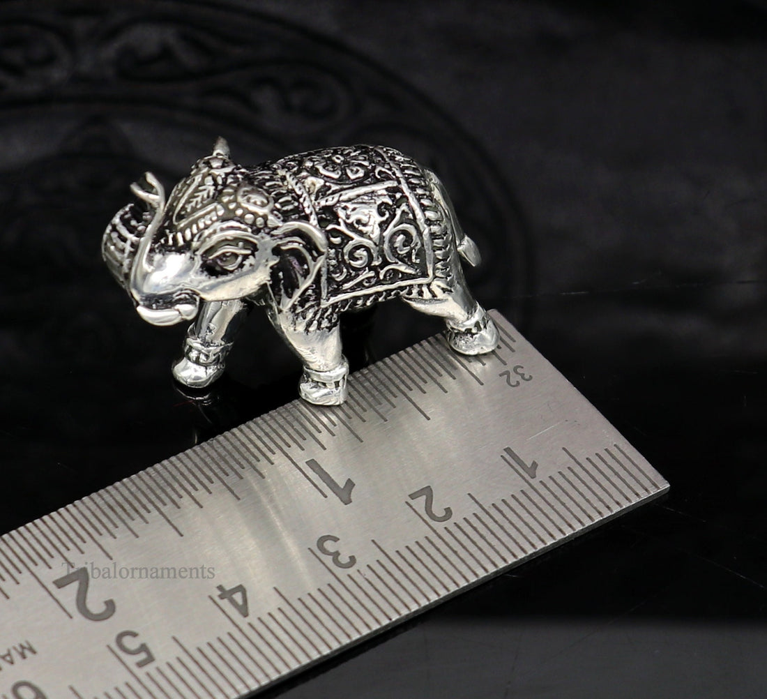 Pure 925 Sterling silver kandrai work nakshi design customized Elephant statue, puja article figurine, home décor puja articles su488 - TRIBAL ORNAMENTS