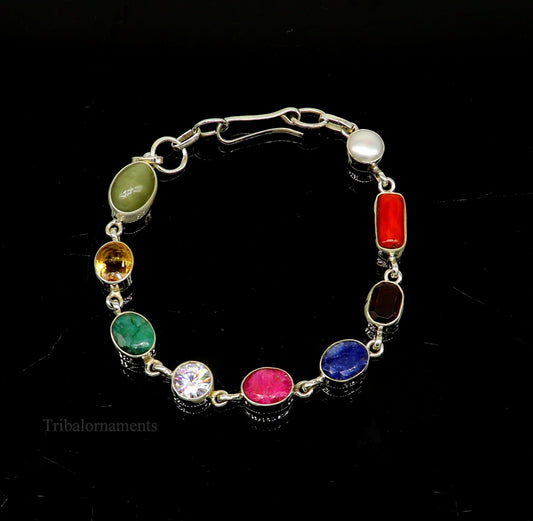 8 inches long 925 sterling silver handmade Navratan stone nine stone bracelet, Stunning stylish jewelry from Rajasthan India nsbr415 - TRIBAL ORNAMENTS