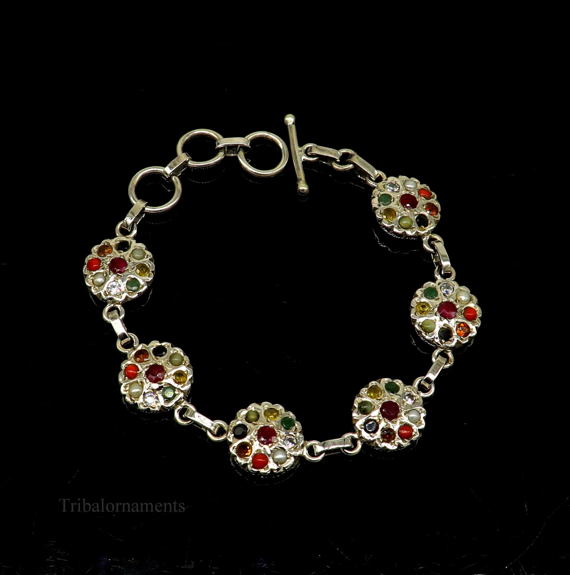 9" inches long 925 sterling silver handmade Navratan stone nine stone bracelet, Stunning stylish jewelry from Rajasthan India nsbr413 - TRIBAL ORNAMENTS