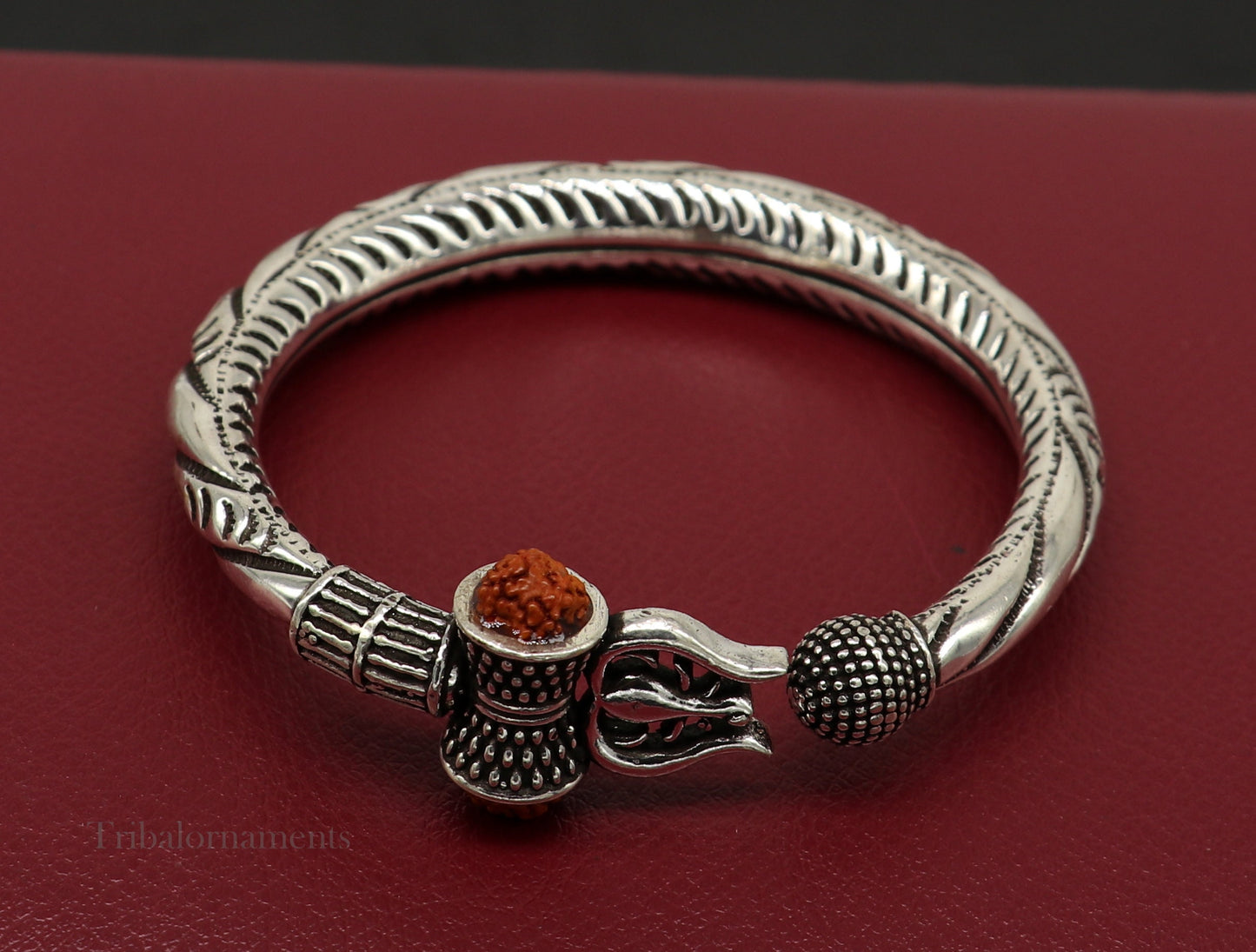 925 Sterling silver handmade chitai work Lord Shiva trident trishul kada bangle bracelet with natural Rudraksha customized kada nssk470 - TRIBAL ORNAMENTS