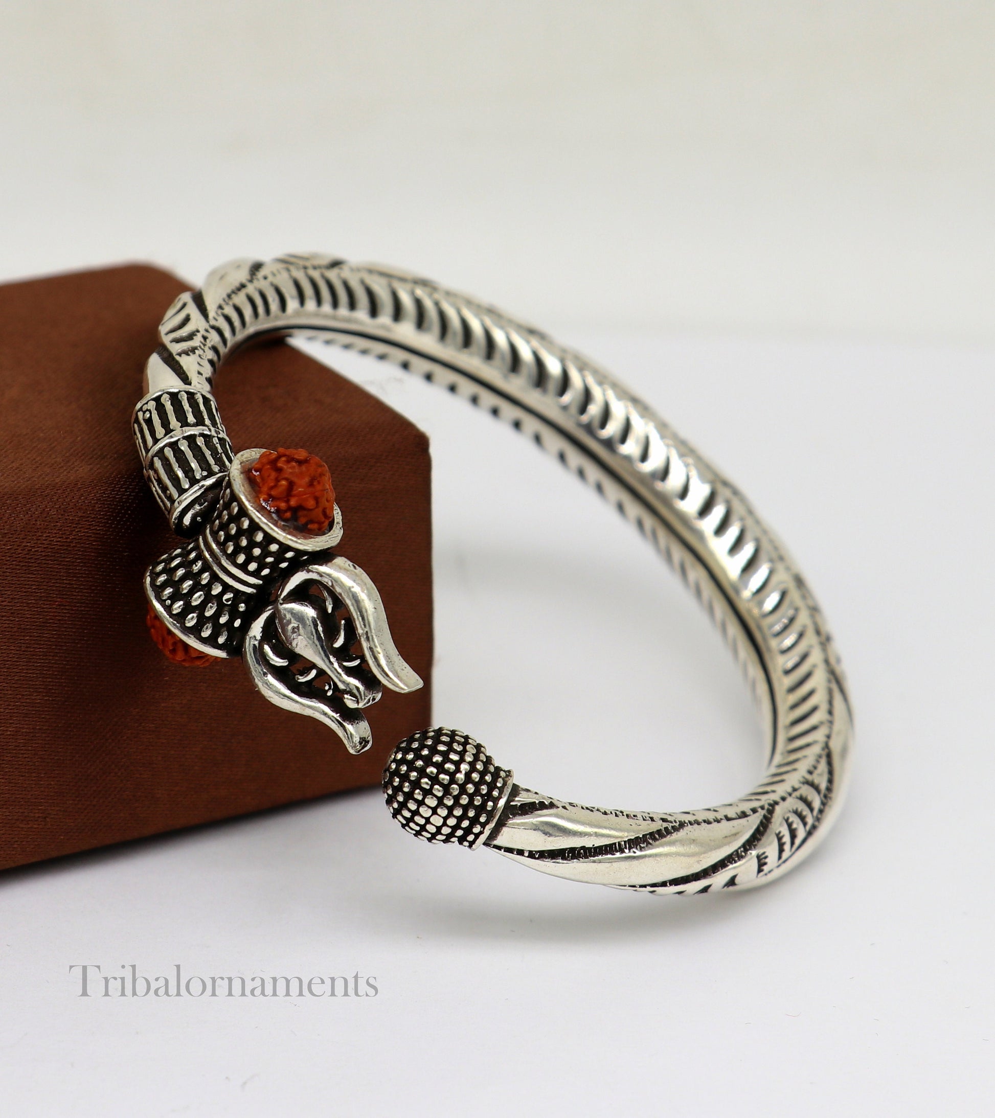 925 Sterling silver handmade chitai work Lord Shiva trident trishul kada bangle bracelet with natural Rudraksha customized kada nssk470 - TRIBAL ORNAMENTS