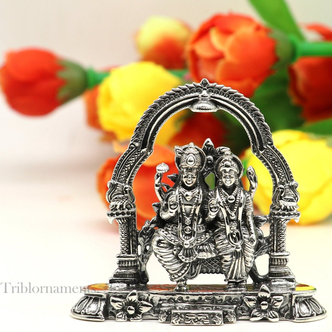 925 Sterling silver handmade floral design Indian Idols Laxmi Narayan, laxmi and vishnu Statue figurine, puja articles puja articles art165 - TRIBAL ORNAMENTS