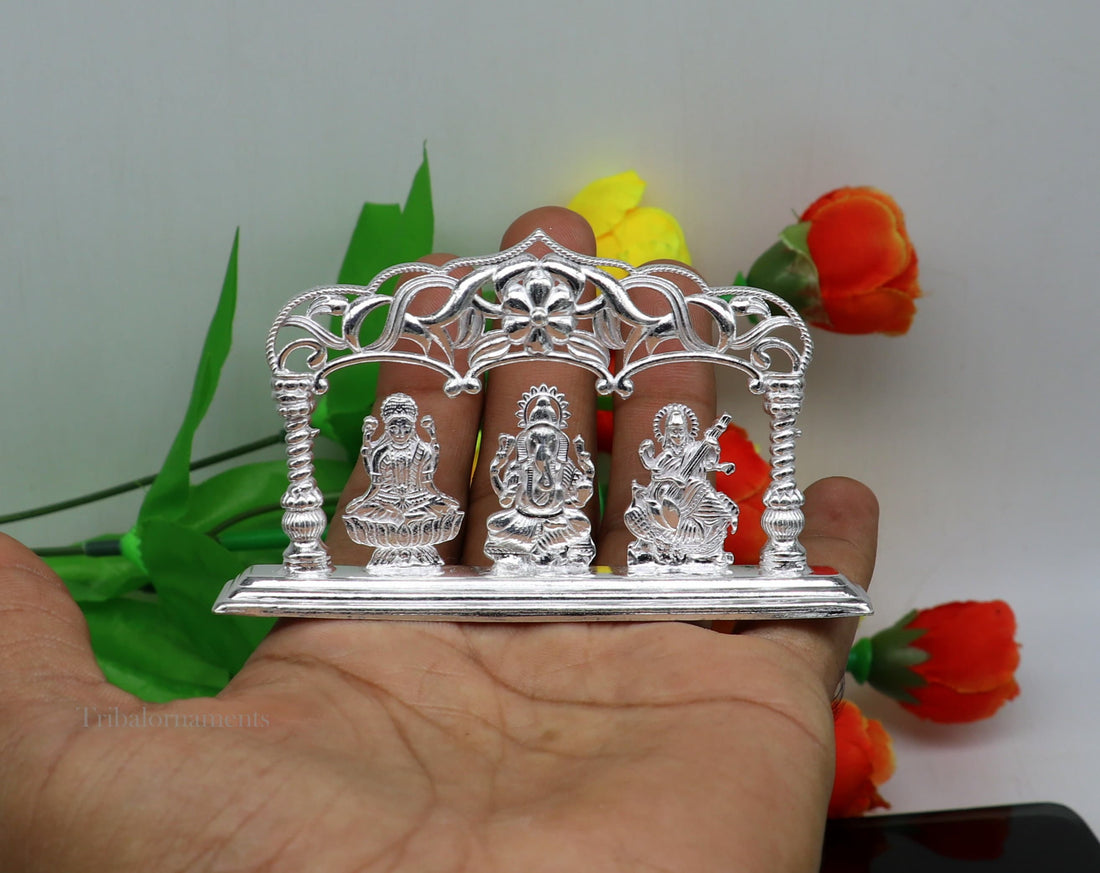 Solid Sterling silver handmade Hindu idols Laxmi,Ganesha and Saraswati statue, puja article figurine, home décor Diwali puja gift su532 - TRIBAL ORNAMENTS