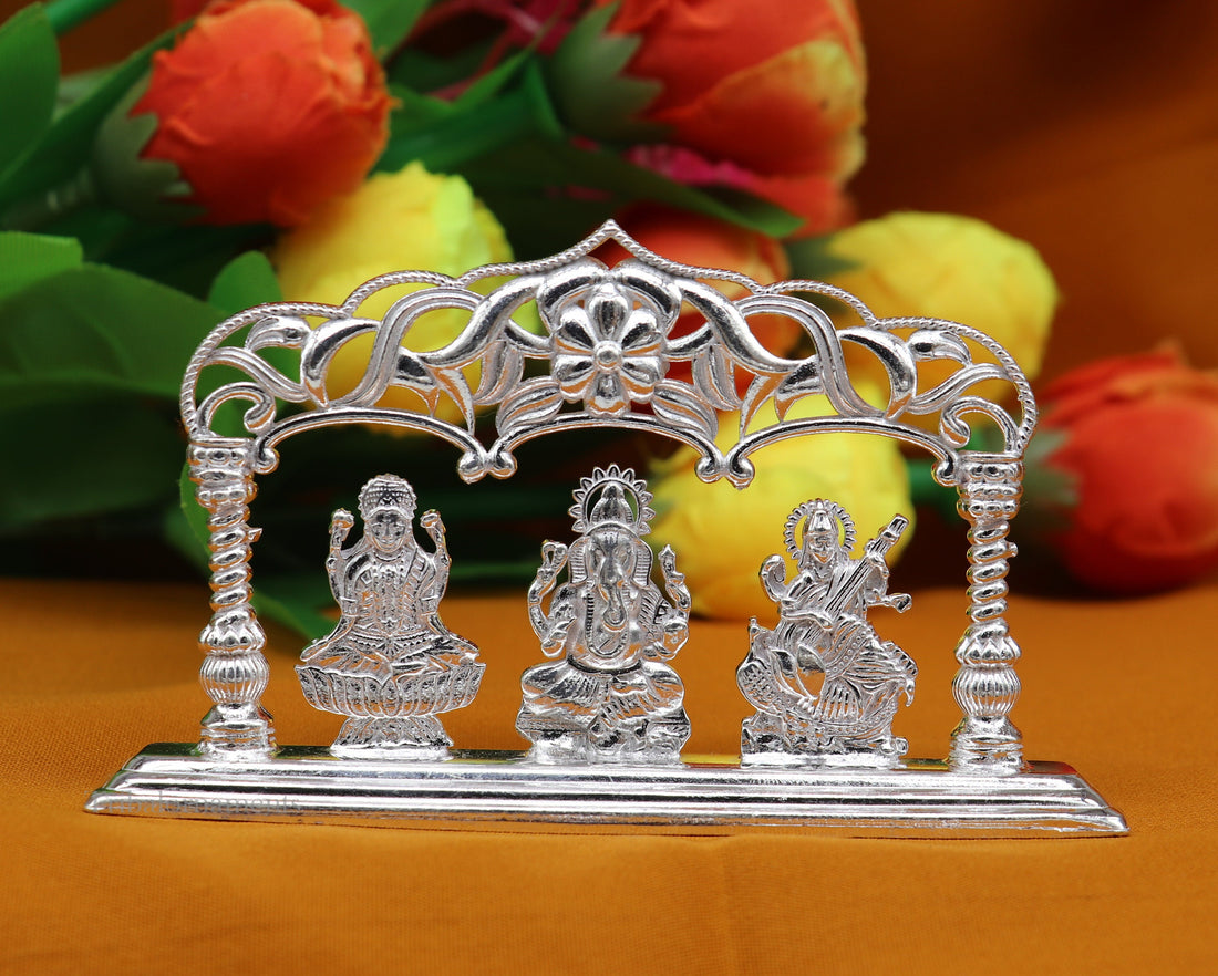 Solid Sterling silver handmade Hindu idols Laxmi,Ganesha and Saraswati statue, puja article figurine, home décor Diwali puja gift su532 - TRIBAL ORNAMENTS