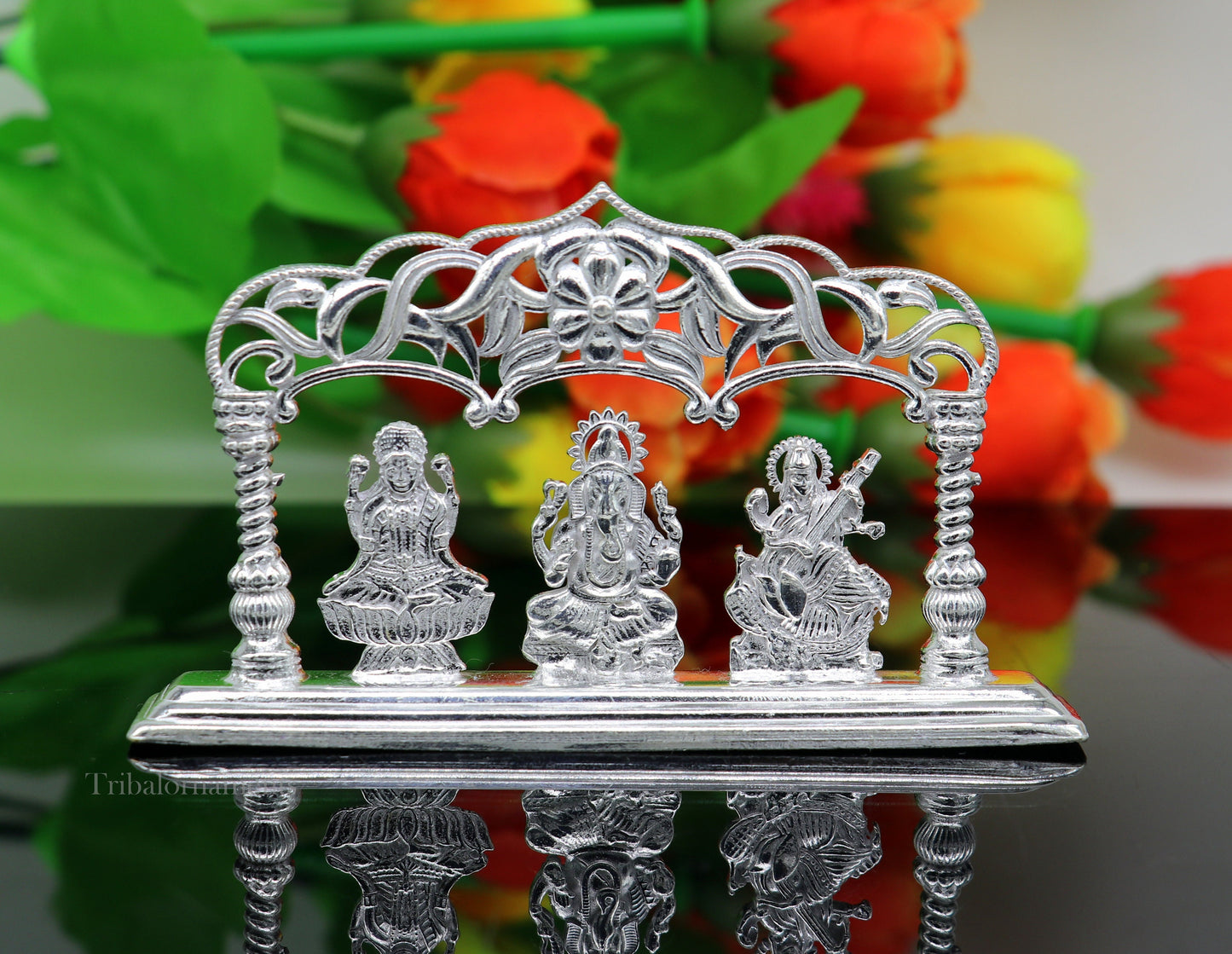 Solid Sterling silver handmade Hindu idols Laxmi,Ganesha and Saraswati statue, puja article figurine, home décor Diwali puja gift su532 - TRIBAL ORNAMENTS