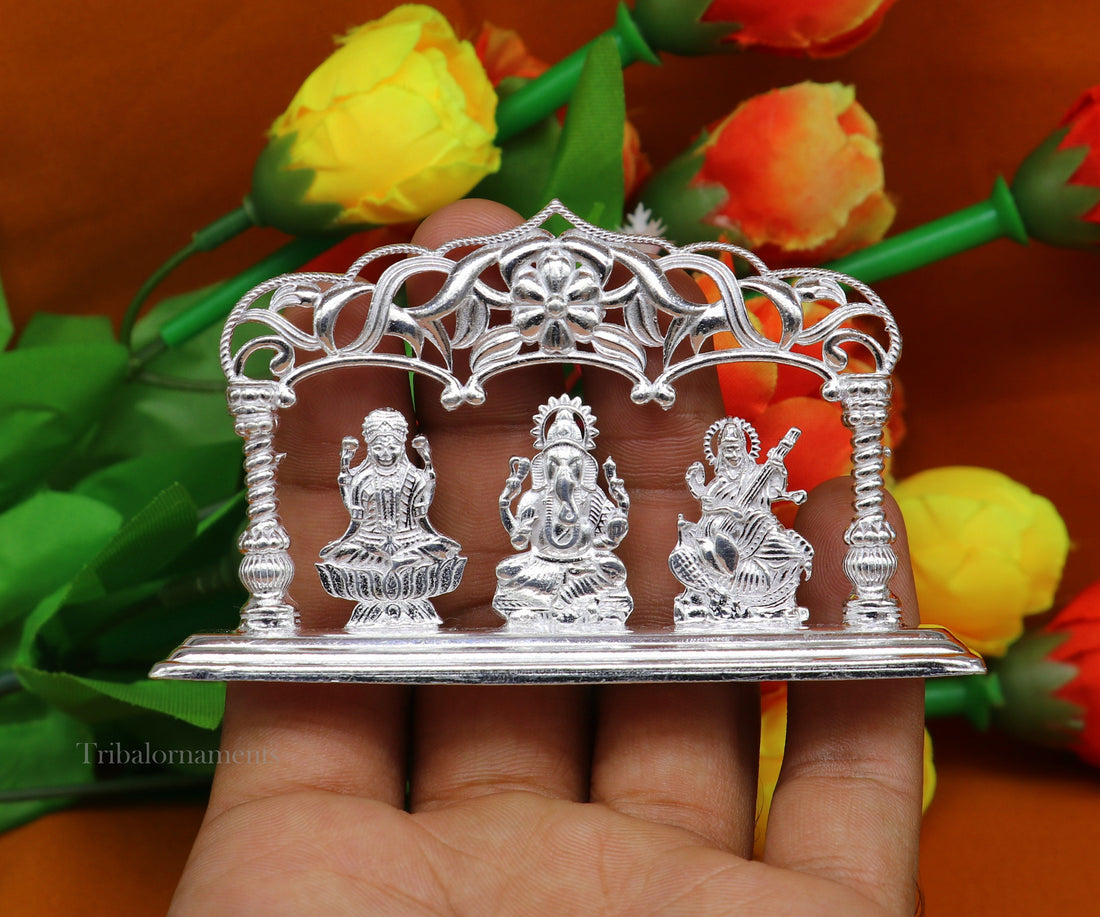 Solid Sterling silver handmade Hindu idols Laxmi,Ganesha and Saraswati statue, puja article figurine, home décor Diwali puja gift su532 - TRIBAL ORNAMENTS