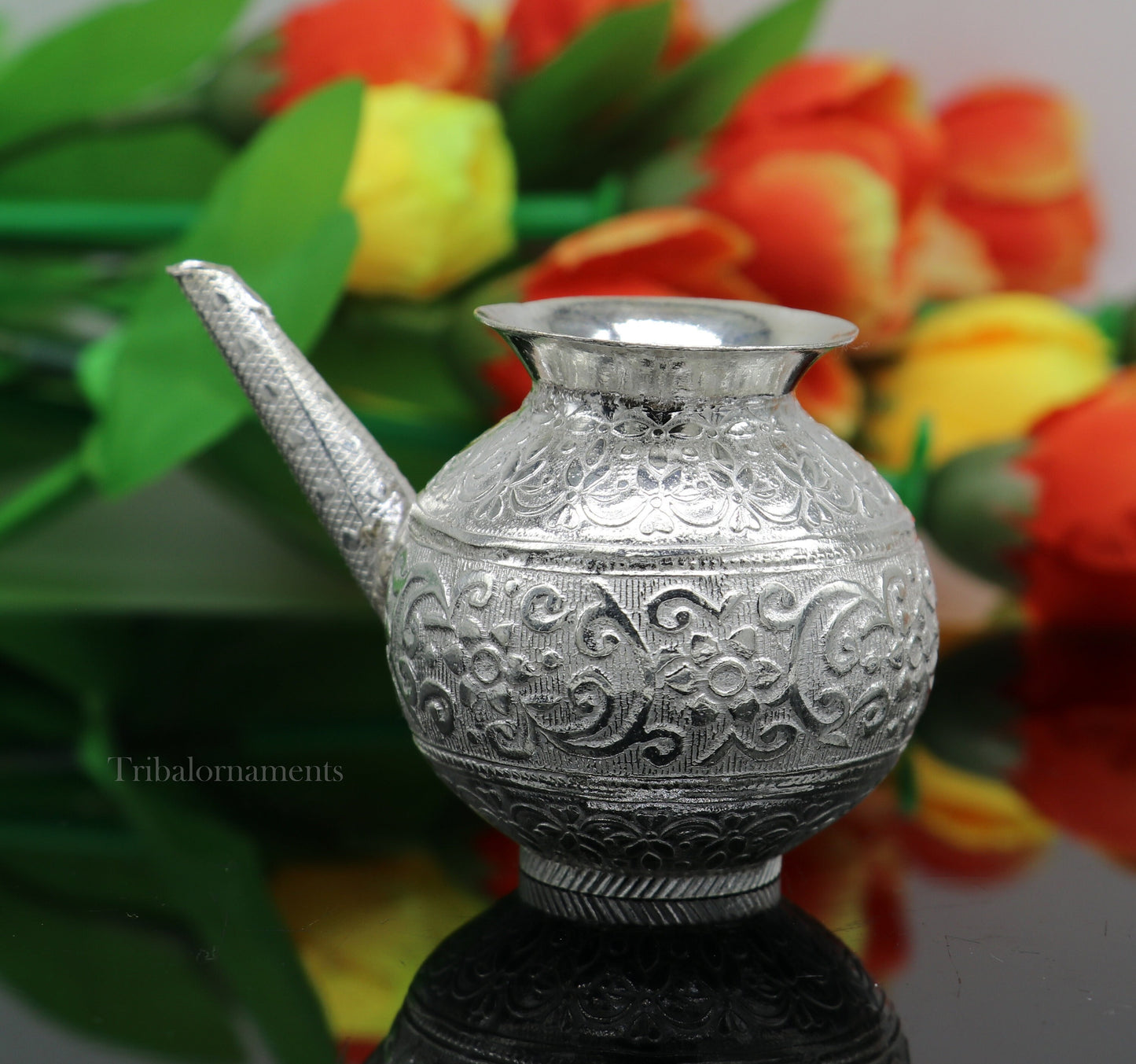 Lord Shiva Abhishek pot, best designer nozzle sold silver kalash puja utensils article from, best diwali puja article for home temple su537 - TRIBAL ORNAMENTS