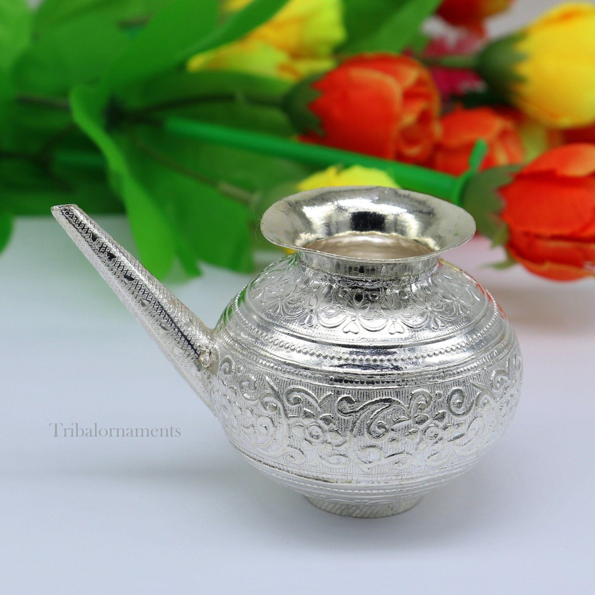 Lord Shiva Abhishek pot, best designer nozzle sold silver kalash puja utensils article from, best diwali puja article for home temple su537 - TRIBAL ORNAMENTS