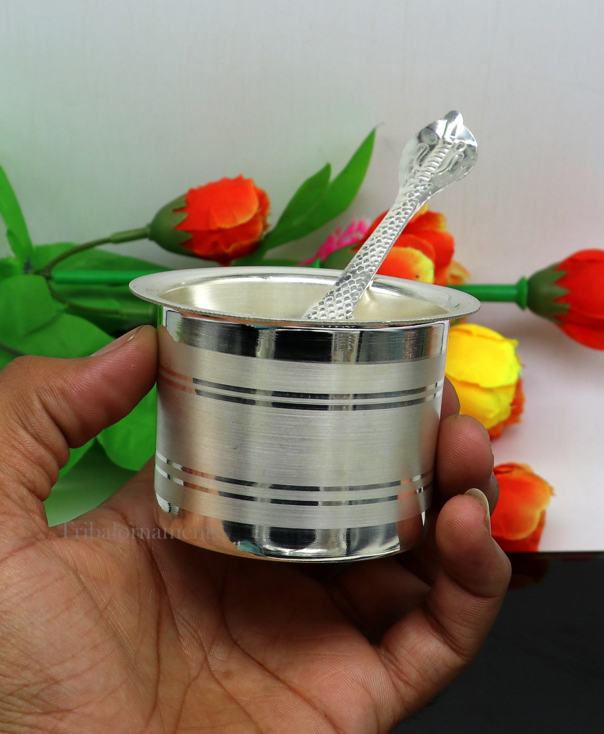 Silver Elegant Ghee pot patra puja or worshipping silver ghee bowl or pot, Butter pot for kitchen, silver puja utensils from India su542 - TRIBAL ORNAMENTS