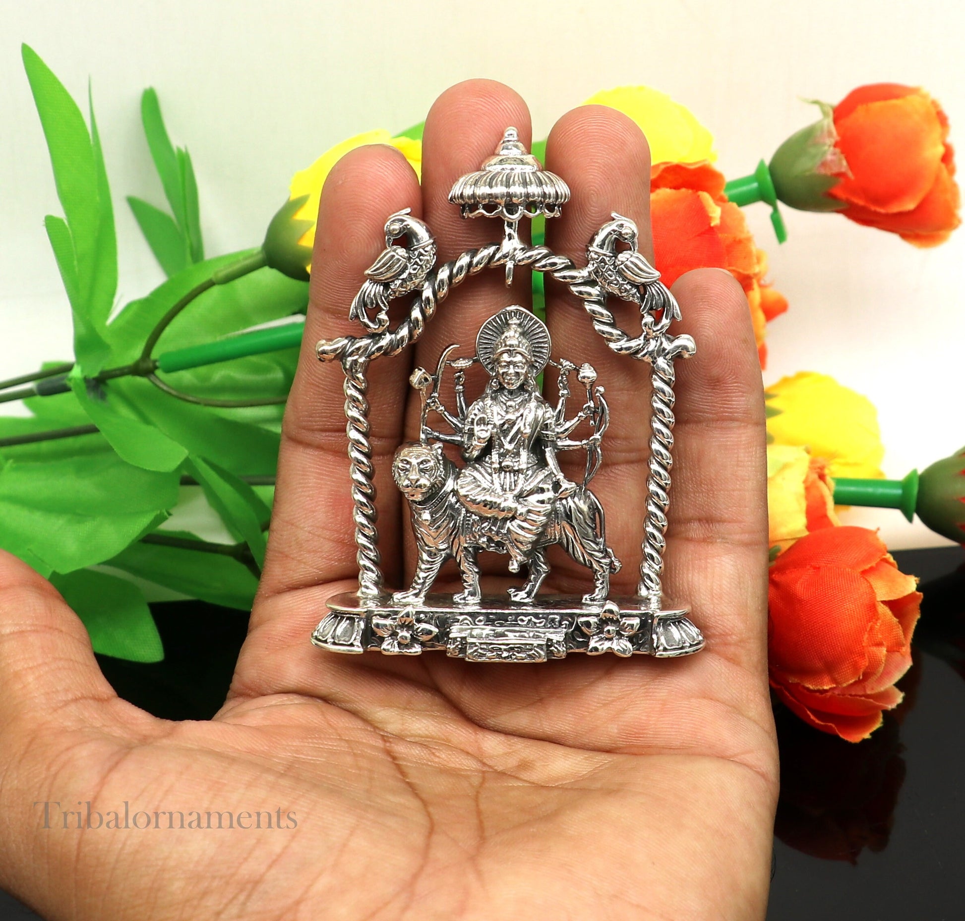 925 Sterling silver Goddess Amba/Bhawani, Durga, Santoshi maa, Pooja Articles, handcrafted statue sculpture amazing puja article art176 - TRIBAL ORNAMENTS