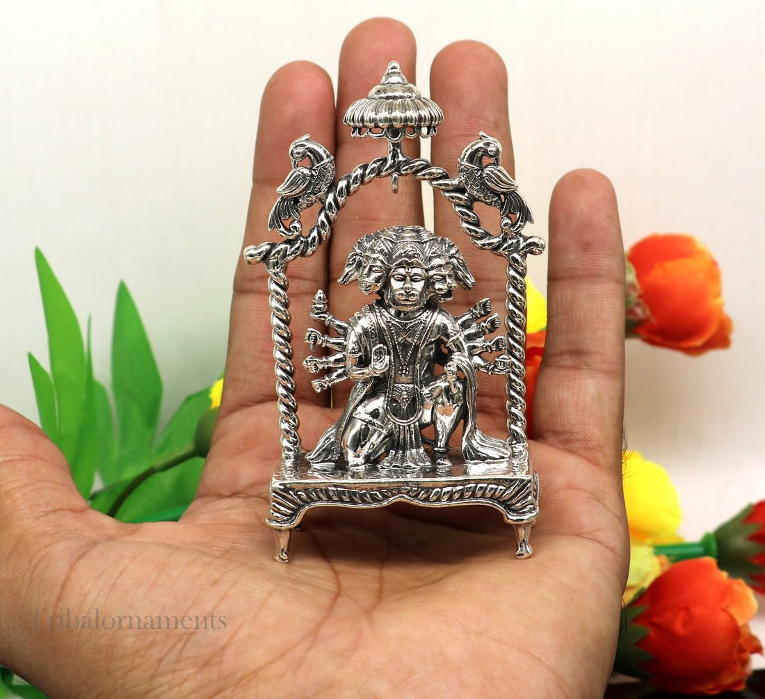 Pure 925 sterling silver handmade Hindu god Lord Panchmukhi Hanuman Statue, amazing designer Divine Sculpture figurine puja article art167 - TRIBAL ORNAMENTS