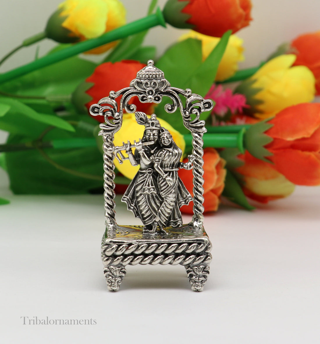 925 sterling silver handmade Divine Hindu god Krishna with Radha blessing Statue, Stunning Radha kishan figurine puja article art168 - TRIBAL ORNAMENTS