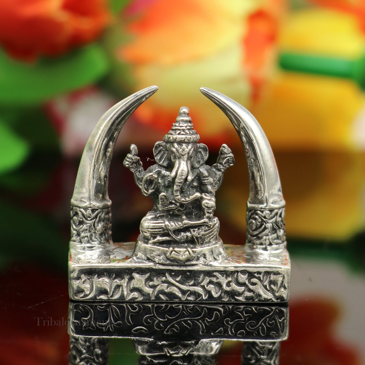 925 Sterling silver Idol lord Ganesha, Pooja Articles, Indian Silver Idols, handcrafted Ganesh statue sculpture Diwali puja gifting Art154 - TRIBAL ORNAMENTS