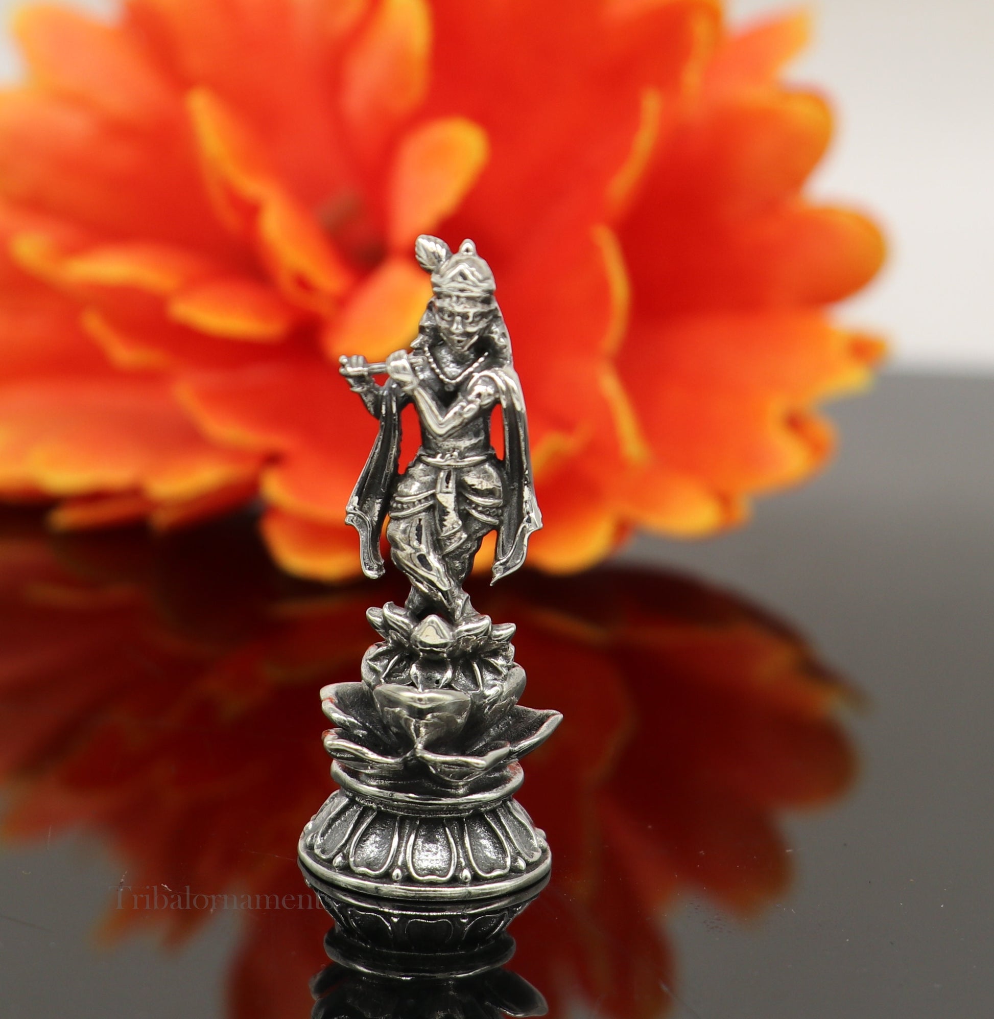 925 Sterling silver handmade antique design Idols Lord Krishna with flute standing Statue figurine, puja articles decorative gift art158 - TRIBAL ORNAMENTS