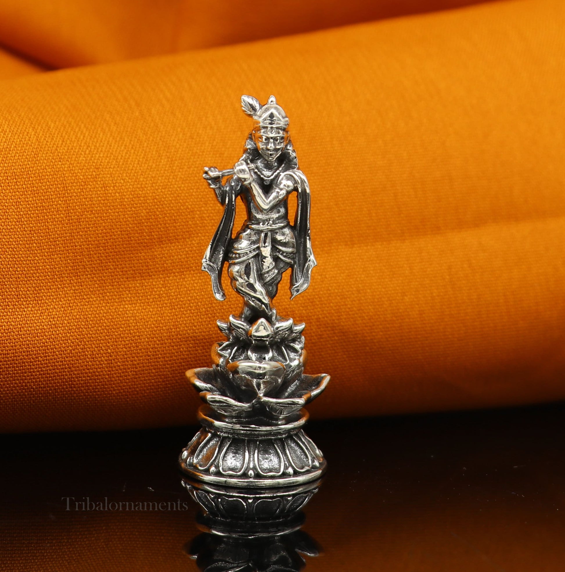 925 Sterling silver handmade antique design Idols Lord Krishna with flute standing Statue figurine, puja articles decorative gift art158 - TRIBAL ORNAMENTS