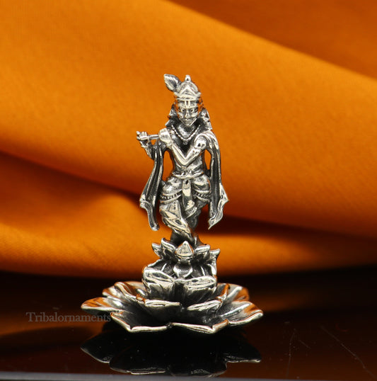 925 Sterling silver handmade antique design Idols Lord Krishna with flute standing Statue figurine, puja articles decorative gift art159 - TRIBAL ORNAMENTS