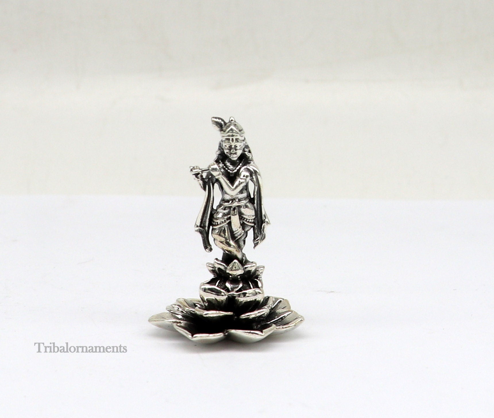 925 Sterling silver handmade antique design Idols Lord Krishna with flute standing Statue figurine, puja articles decorative gift art159 - TRIBAL ORNAMENTS