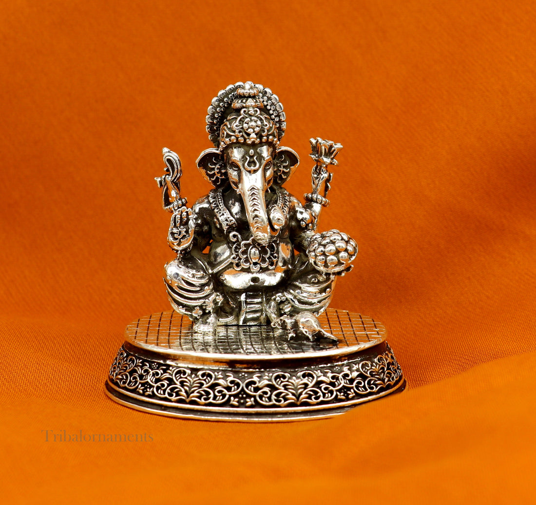 925 Sterling silver Lord Ganesh Idol, Pooja Articles, Silver Idols Figurine, handcrafted Lord Ganesh statue sculpture gifting art art218 - TRIBAL ORNAMENTS