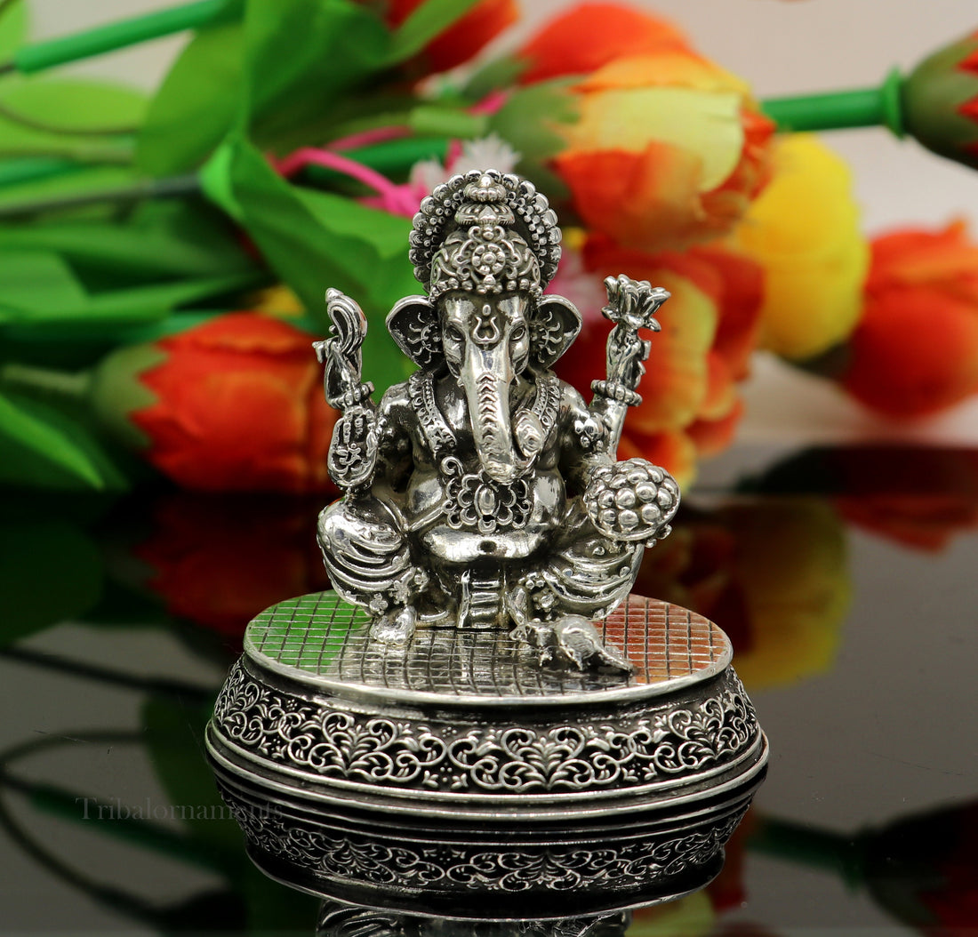 925 Sterling silver Lord Ganesh Idol, Pooja Articles, Silver Idols Figurine, handcrafted Lord Ganesh statue sculpture gifting art art218 - TRIBAL ORNAMENTS