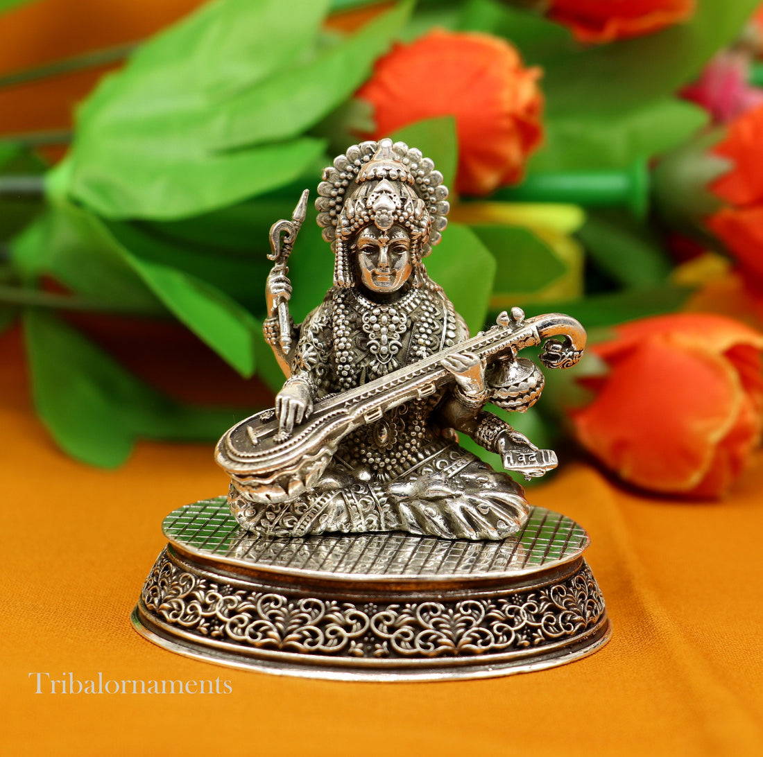 925 Sterling silver handmade customized Hindu idol Saraswati  sharda maa statue, puja article figurine,Diwali puja gift Articles art219 - TRIBAL ORNAMENTS