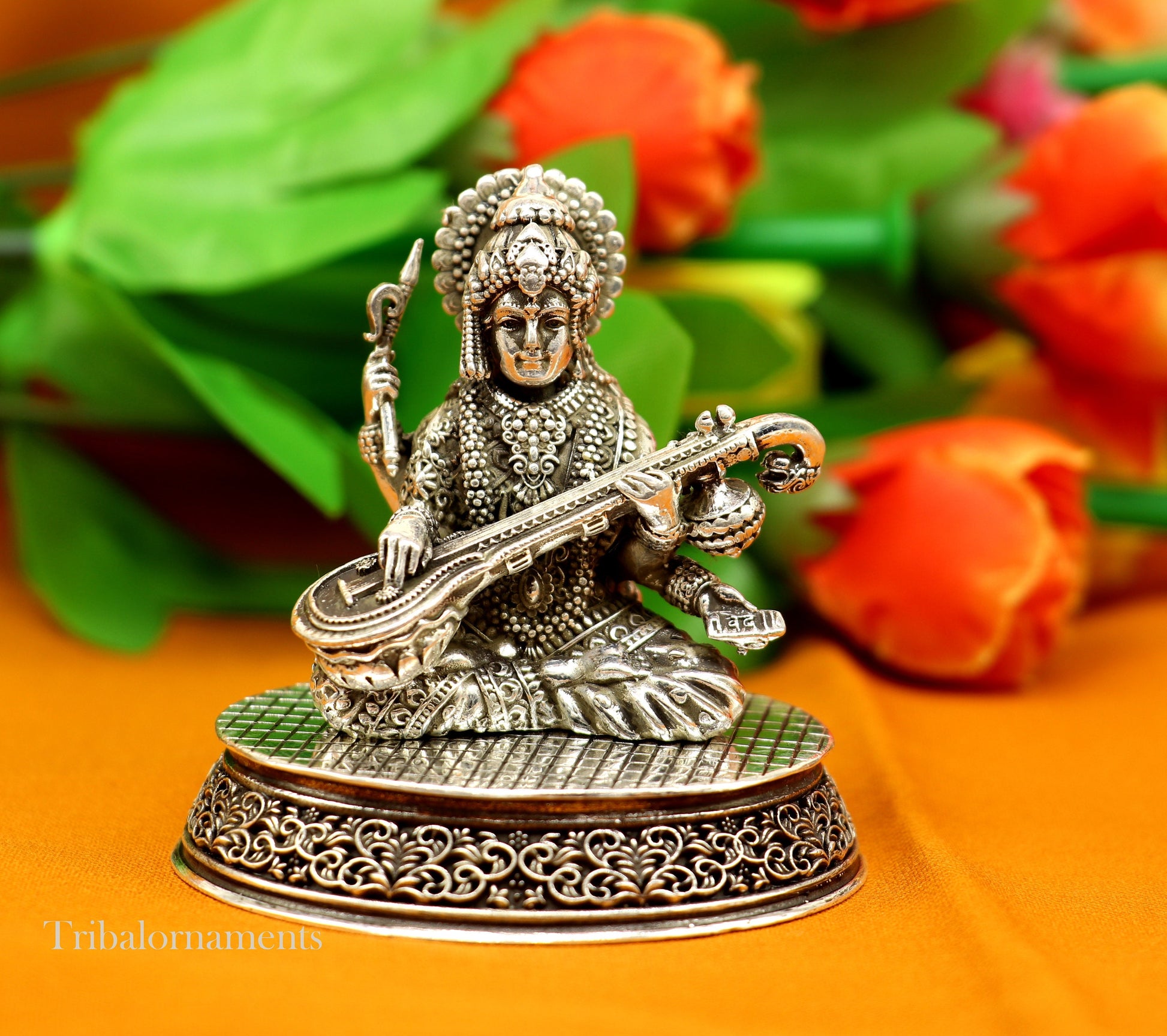 925 Sterling silver handmade customized Hindu idol Saraswati  sharda maa statue, puja article figurine,Diwali puja gift Articles art219 - TRIBAL ORNAMENTS