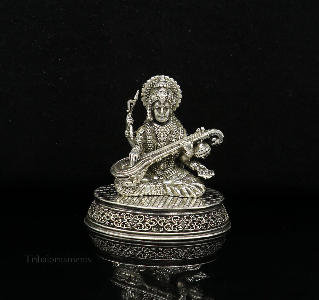 925 Sterling silver handmade customized Hindu idol Saraswati  sharda maa statue, puja article figurine,Diwali puja gift Articles art219 - TRIBAL ORNAMENTS