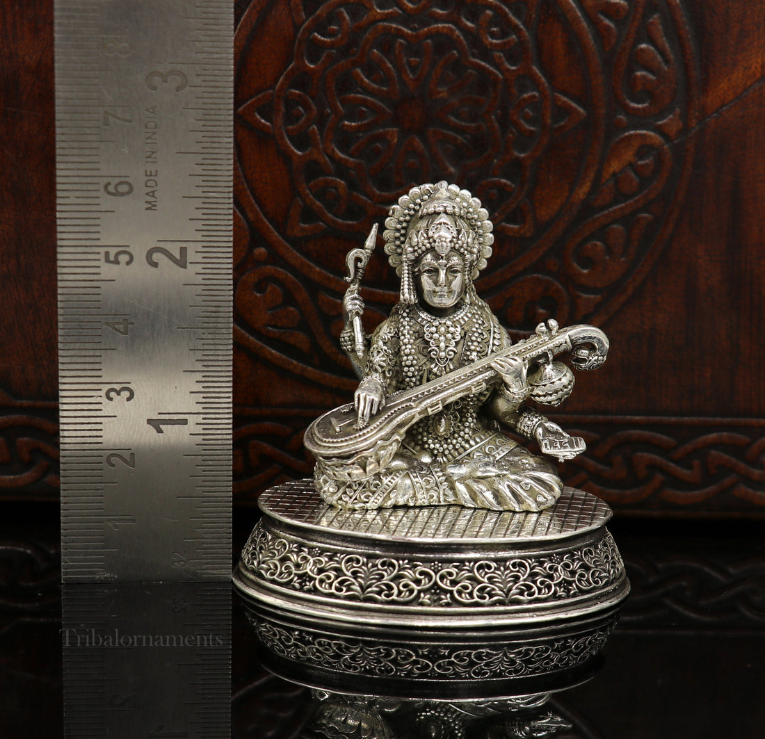 925 Sterling silver handmade customized Hindu idol Saraswati  sharda maa statue, puja article figurine,Diwali puja gift Articles art219 - TRIBAL ORNAMENTS