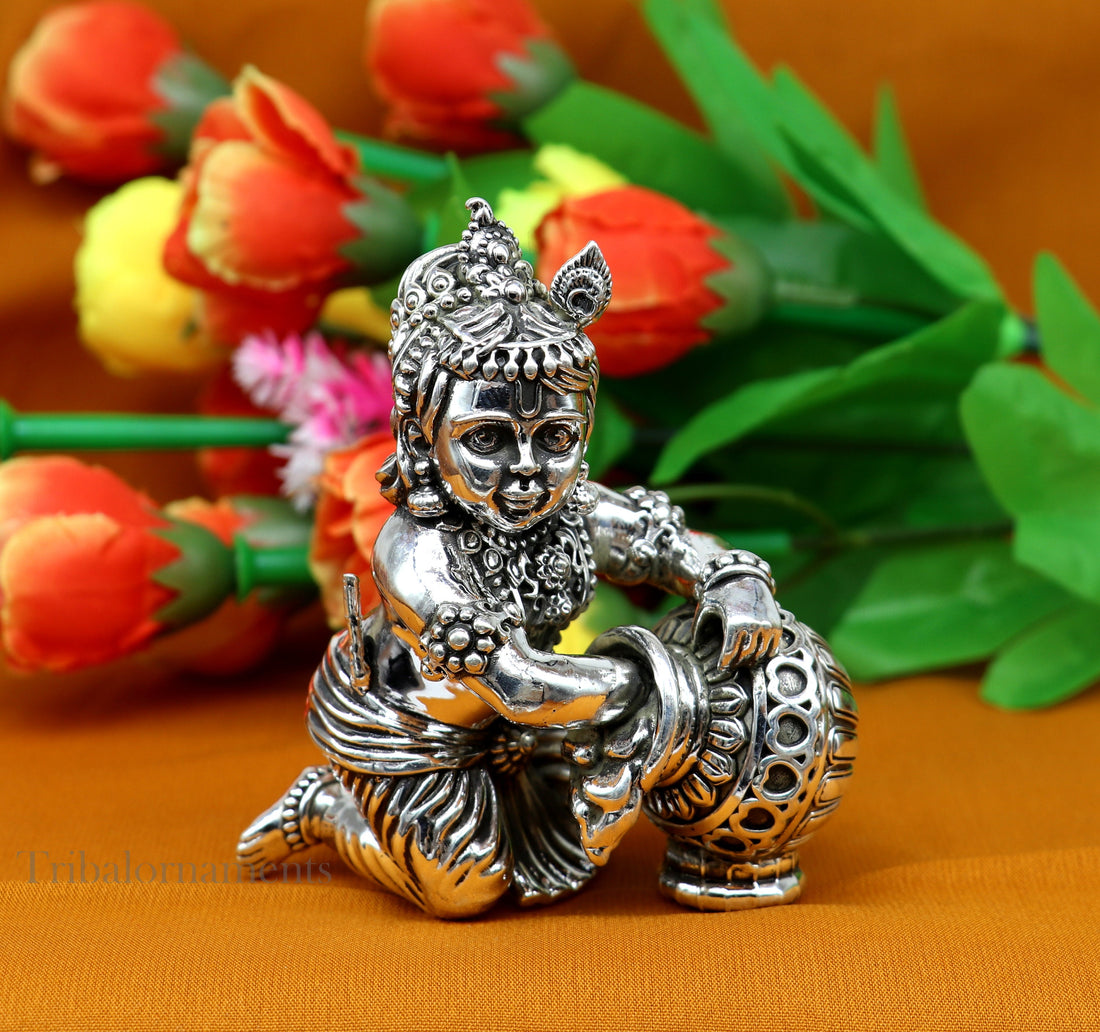 925 Sterling silver customized Idol Krishna Bal Gopal statue figurine, laddu gopal crawling Krishna sculpture, Makhan gopala statue art221 - TRIBAL ORNAMENTS