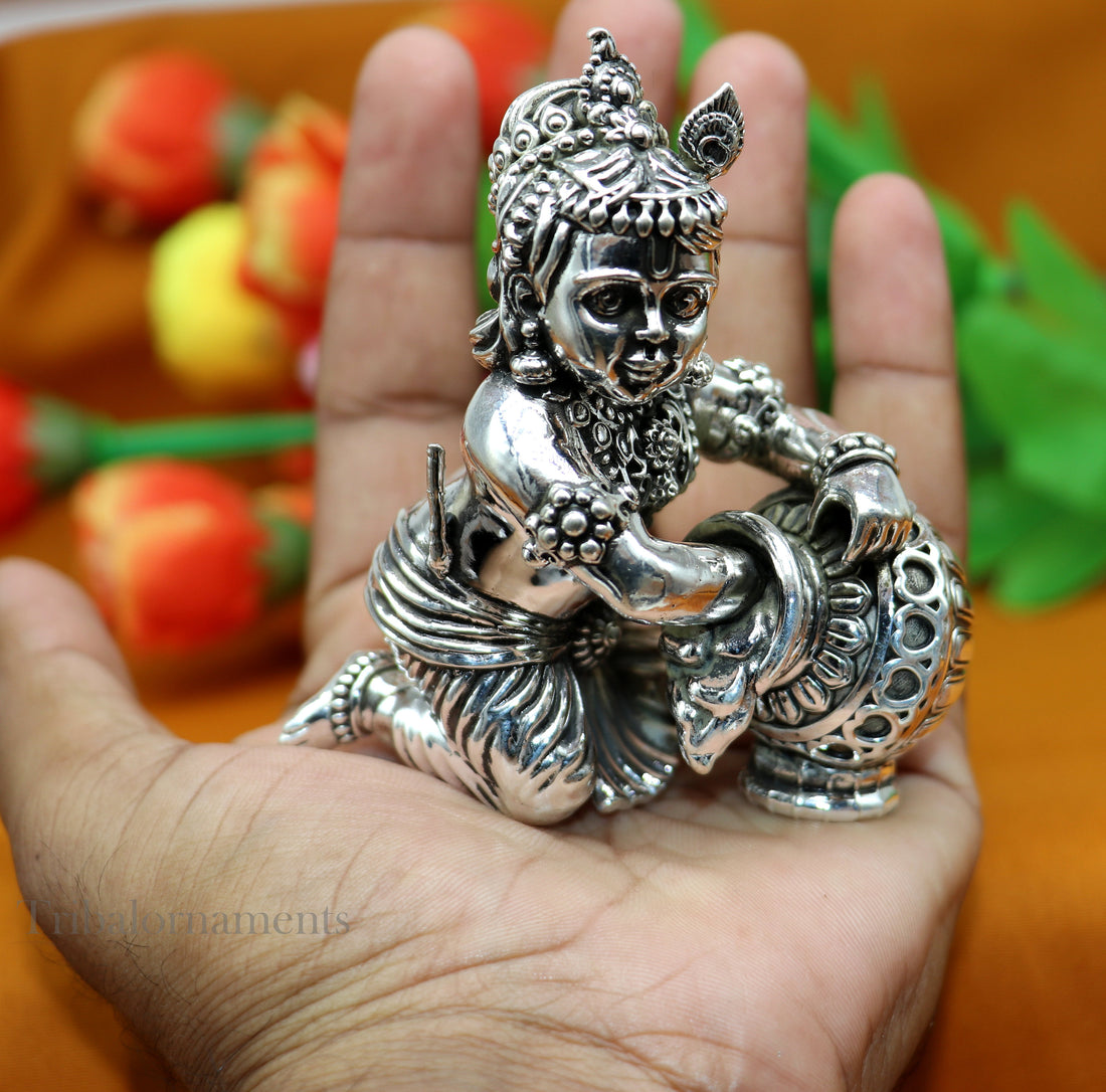 925 Sterling silver customized Idol Krishna Bal Gopal statue figurine, laddu gopal crawling Krishna sculpture, Makhan gopala statue art221 - TRIBAL ORNAMENTS