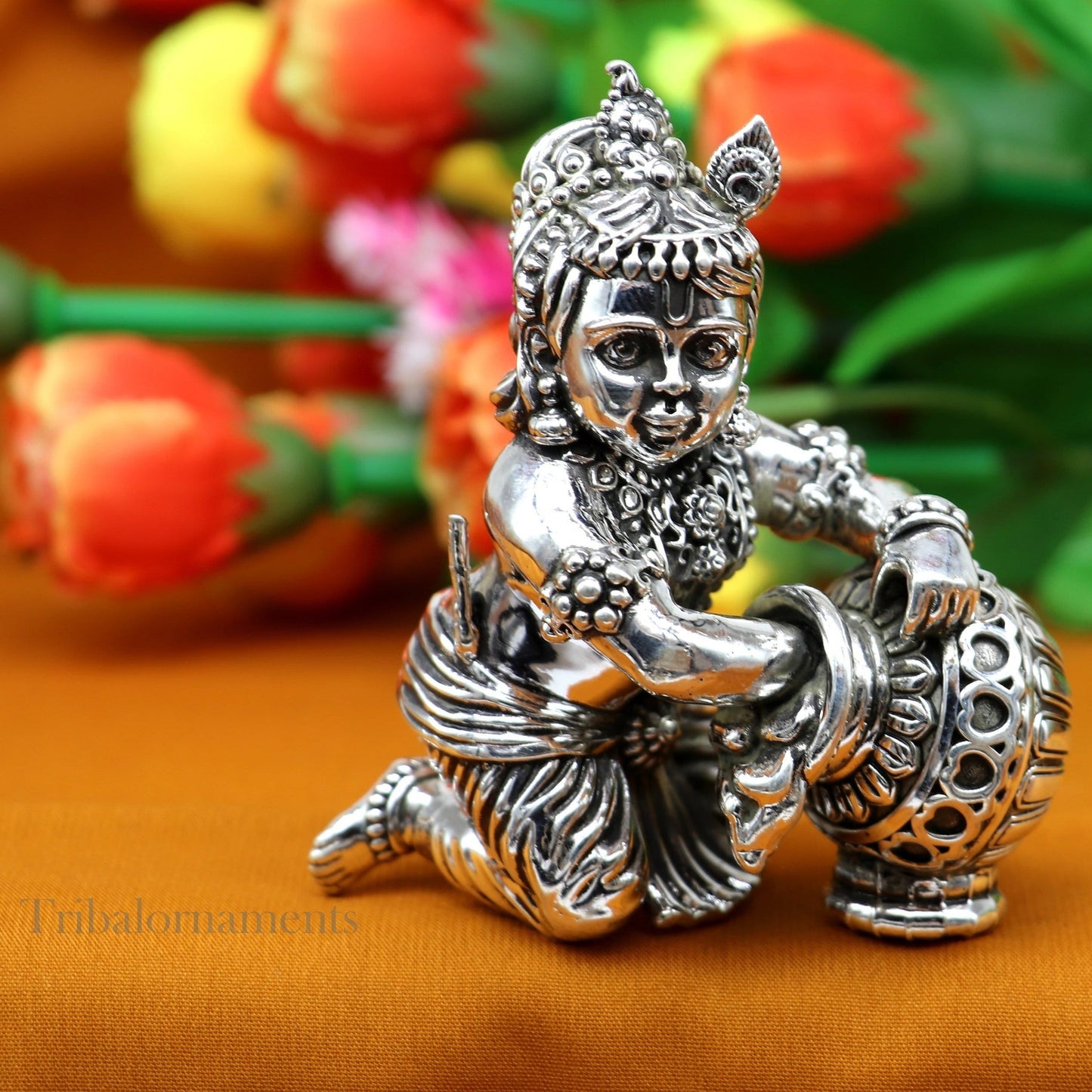 925 Sterling silver customized Idol Krishna Bal Gopal statue figurine, laddu gopal crawling Krishna sculpture, Makhan gopala statue art221 - TRIBAL ORNAMENTS