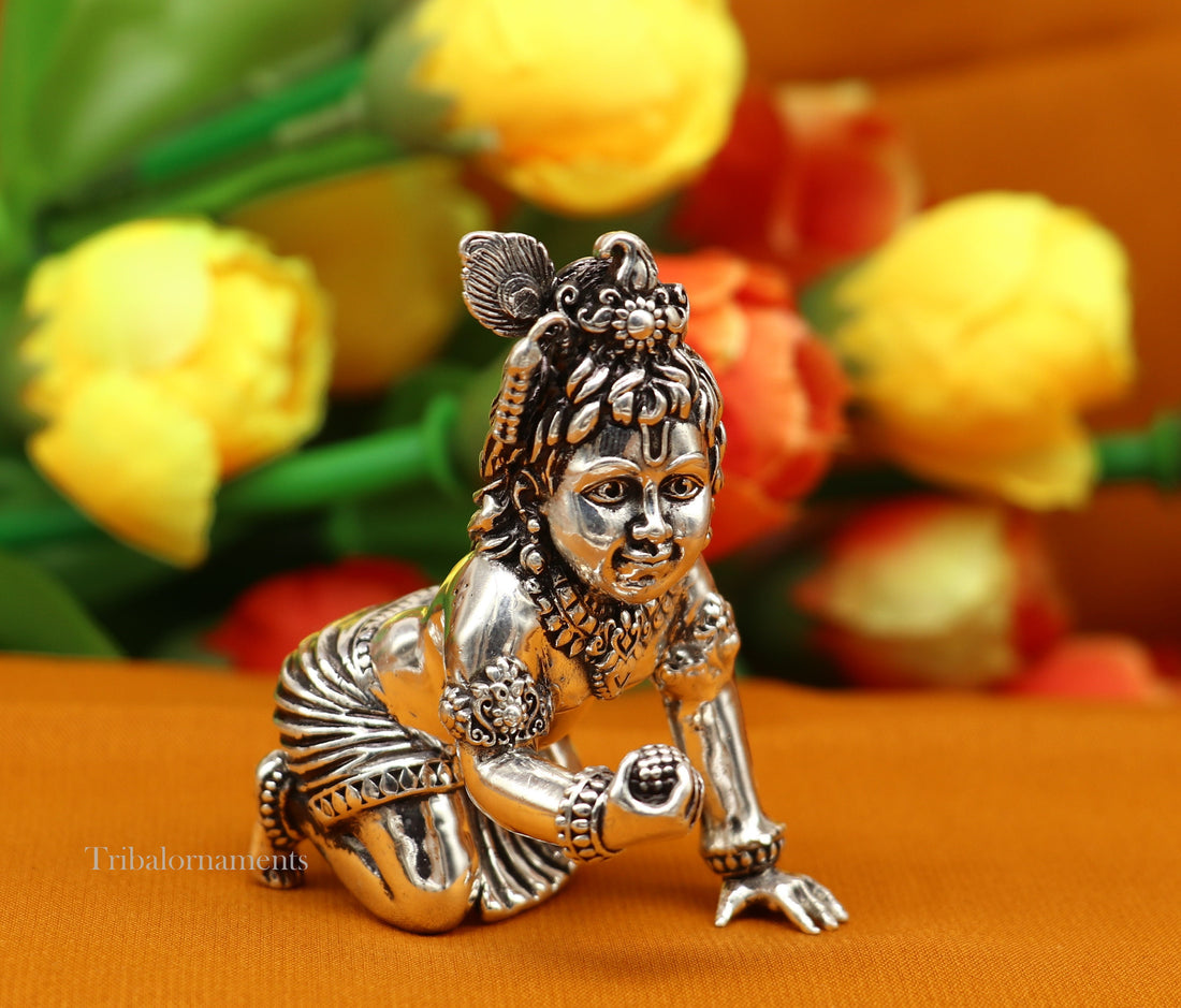 2" 925 silver handmade idol god little Krishna, Laddu Gopal, crawling Krishna small statue sculpture temple puja art, Diwali gift art231 - TRIBAL ORNAMENTS