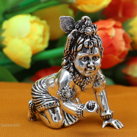 2" 925 silver handmade idol god little Krishna, Laddu Gopal, crawling Krishna small statue sculpture temple puja art, Diwali gift art224 - TRIBAL ORNAMENTS