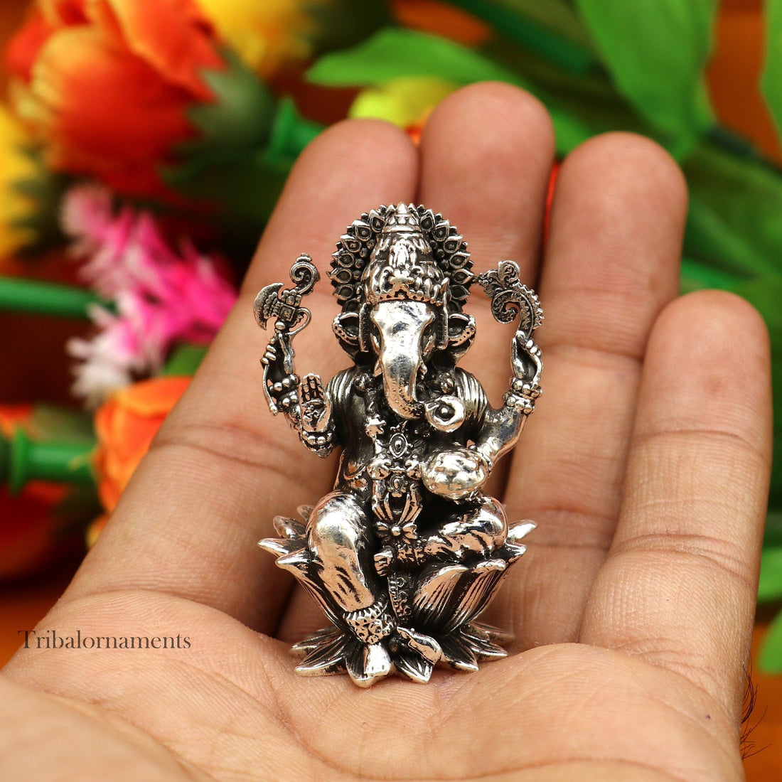 2." 925 Sterling silver handmade Hindu idols Laxmi, Ganesha and Saraswati statue, puja article figurine, best Diwali festival puja art55 - TRIBAL ORNAMENTS