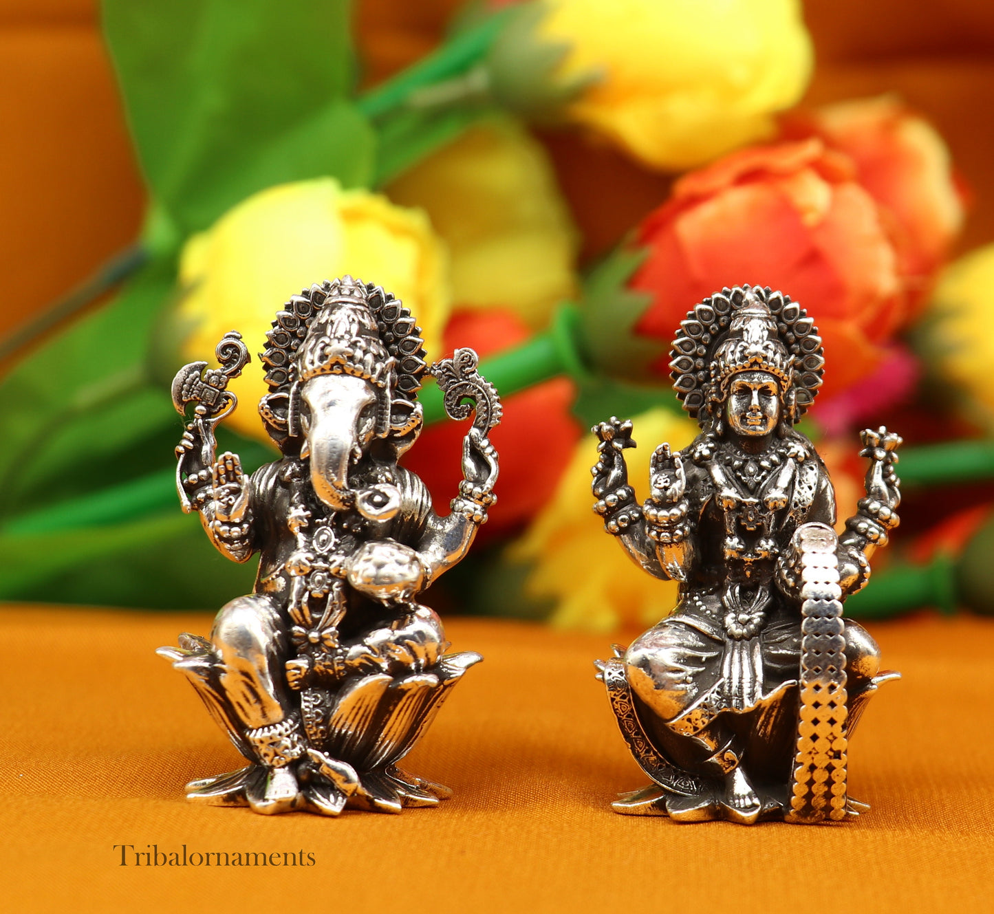 2." 925 Sterling silver handmade Hindu idols Laxmi, Ganesha and Saraswati statue, puja article figurine, best Diwali festival puja art55 - TRIBAL ORNAMENTS