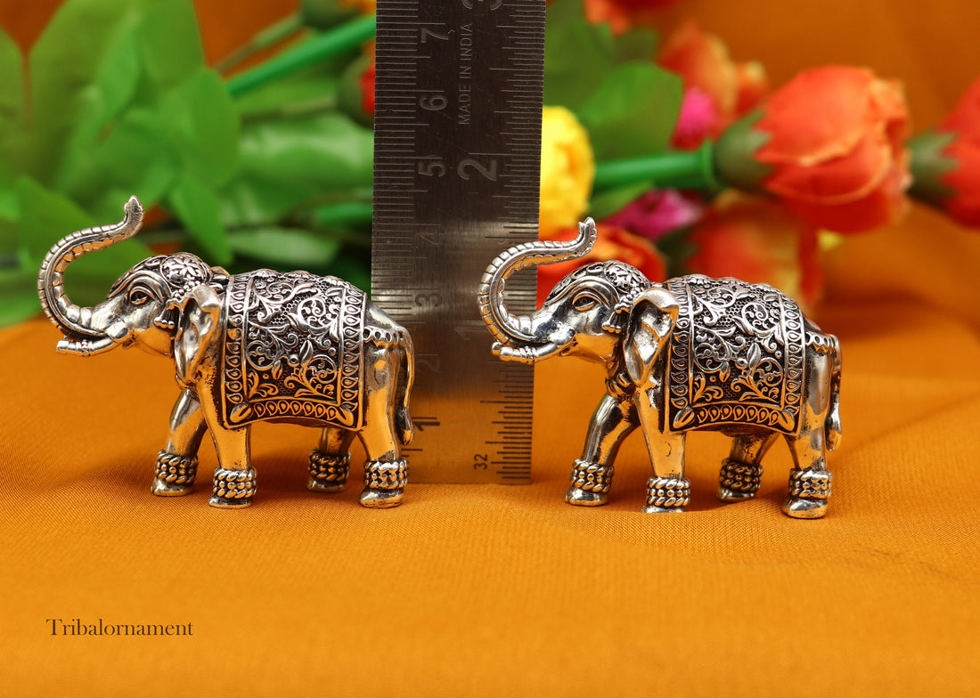 925 Sterling silver Kandrai work Nakshi/ chitai design customized Elephant statue brings luck and fortune, décor Diwali puja articles su497 - TRIBAL ORNAMENTS