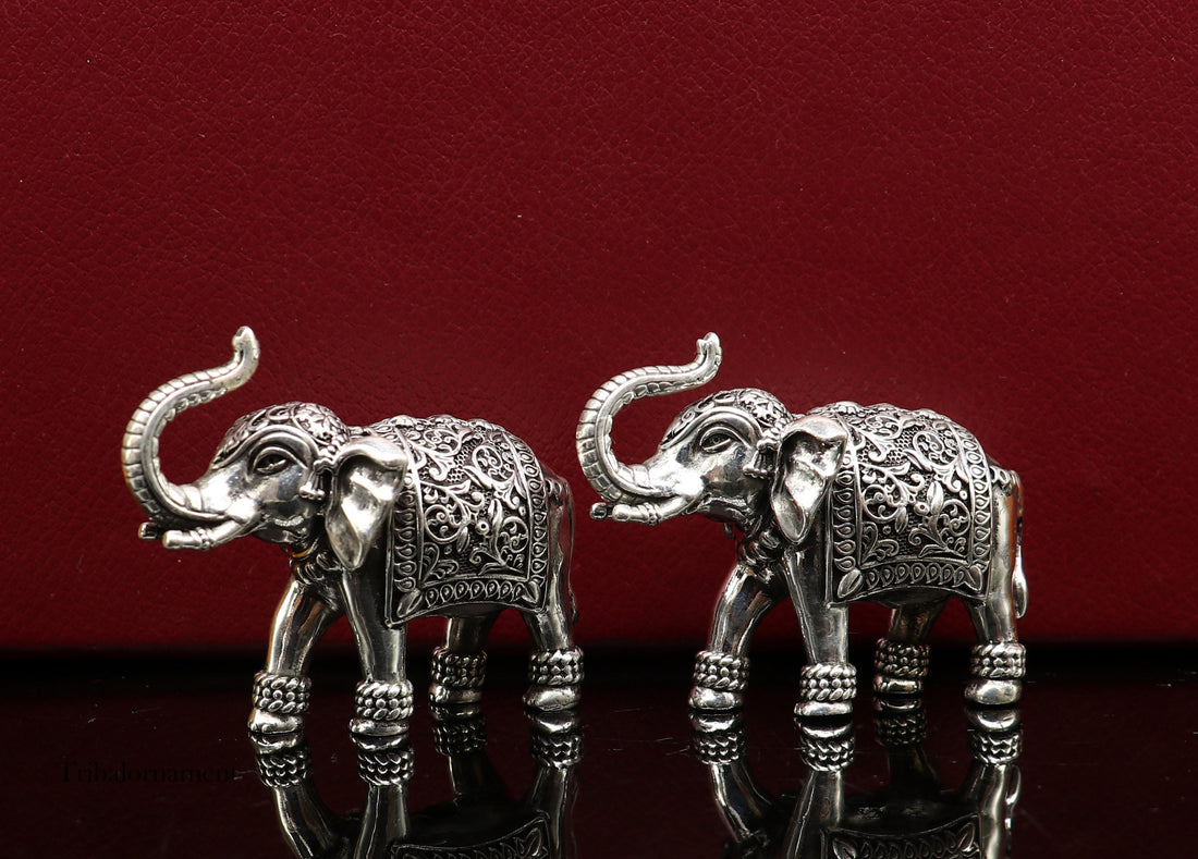 925 Sterling silver Kandrai work Nakshi/ chitai design customized Elephant statue brings luck and fortune, décor Diwali puja articles su497 - TRIBAL ORNAMENTS